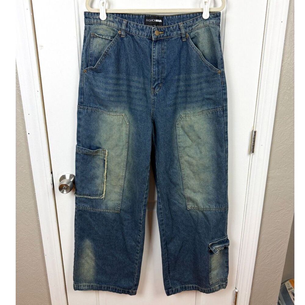 Fashion Nova High Waist Wide Carpenter/Cargo Wide-leg Jeans Size 15